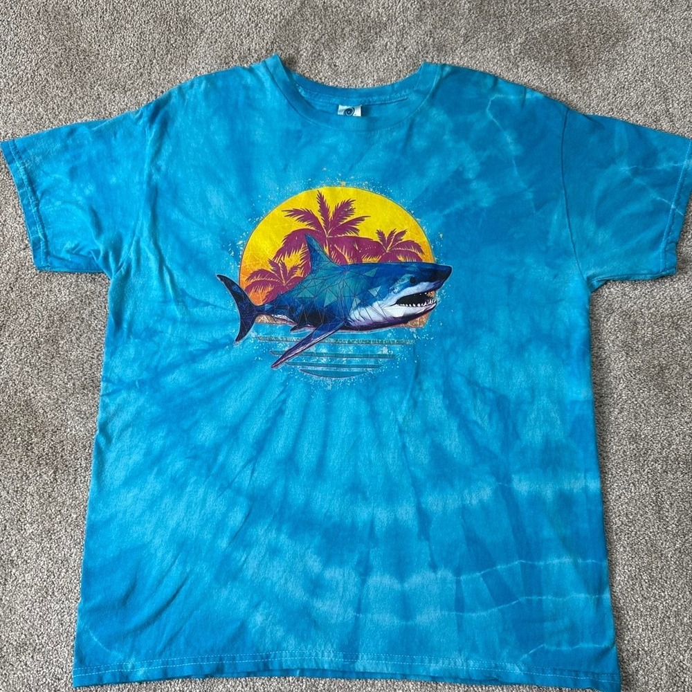 Blue Tie Dye Shark Graphic T-Shirt Palm Trees Sun Beach Tropical Large